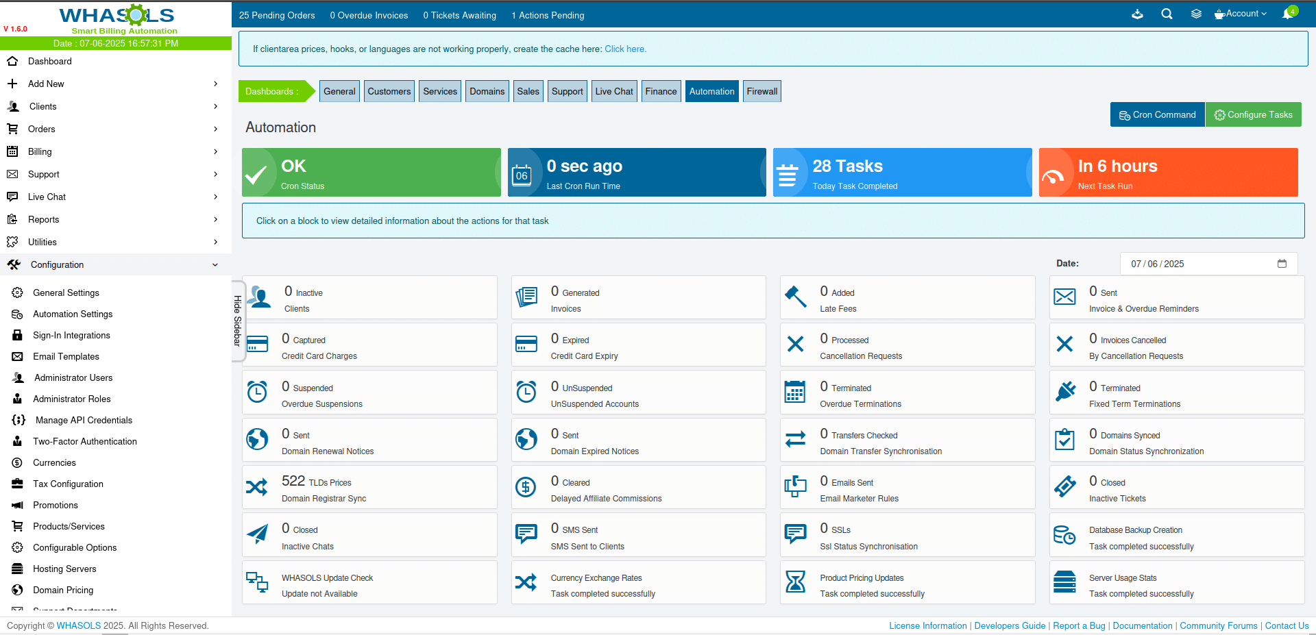 Automated Hosting Workflow in WHASols WHASols web hosting automation interface screenshot