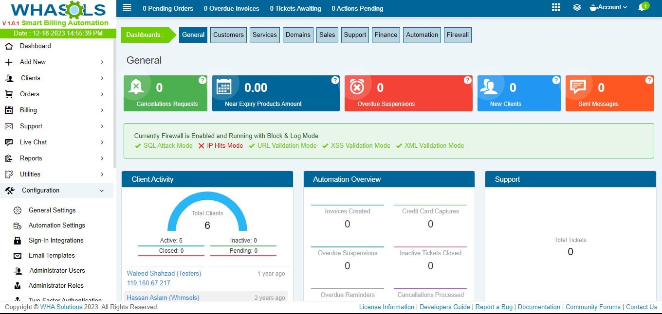 WHASols Dashboard – Simplified Hosting Management WHASols dashboard interface for hosting automation